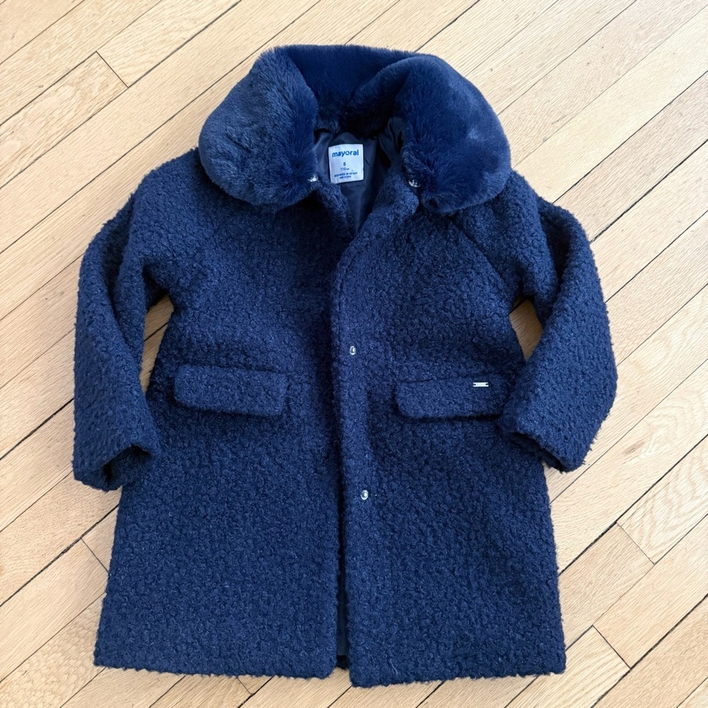 Mayoral Navy Girls Dress Coat Faux Fur Size 5 - Picture 1 of 4
